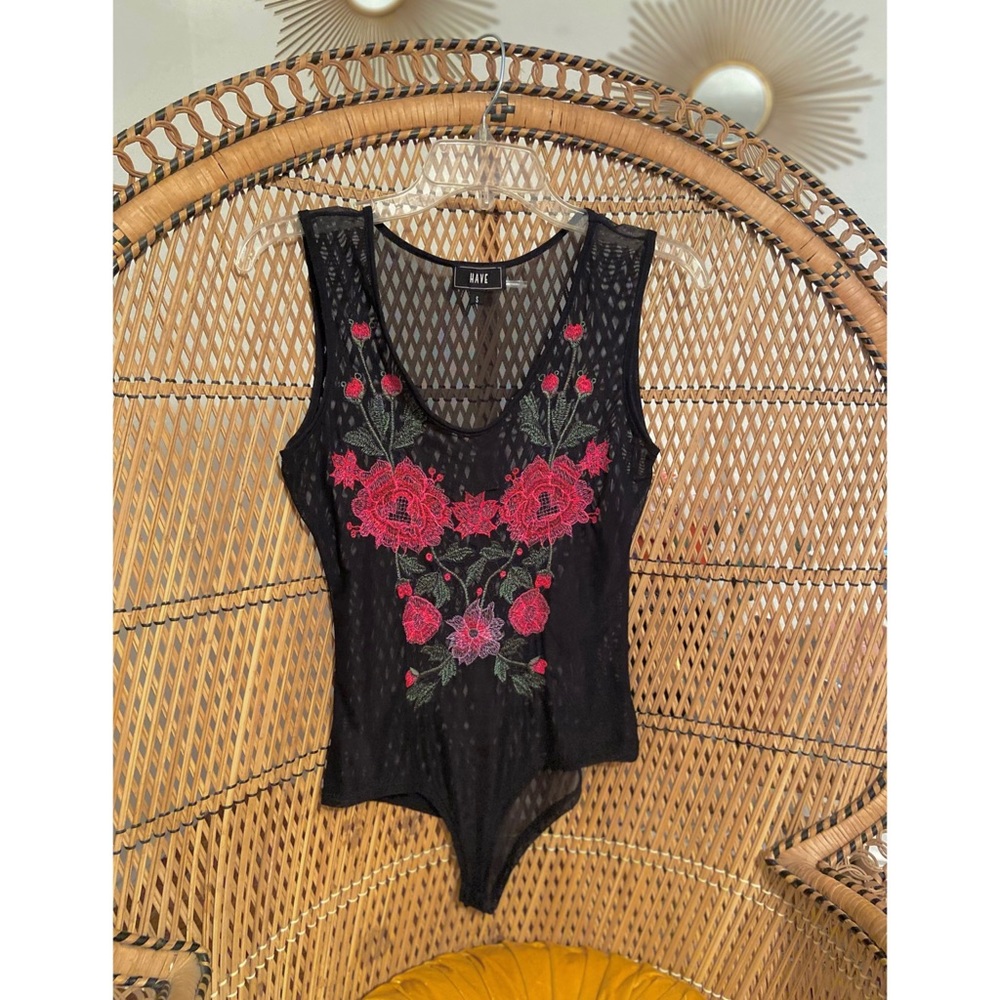 Embroidered floral mesh bodysuit top